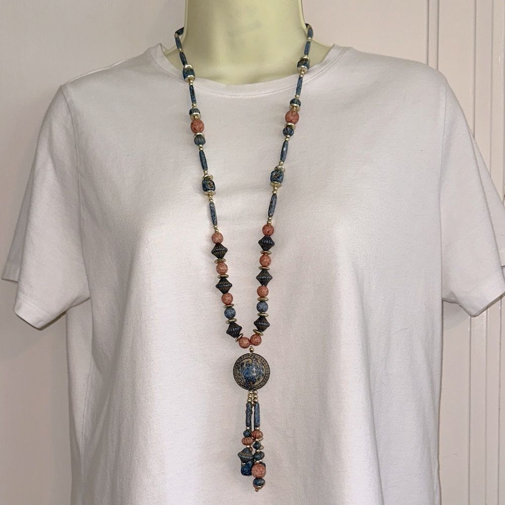 Long Blue, Pink & Gold Beaded Necklace with‎ Pendant
